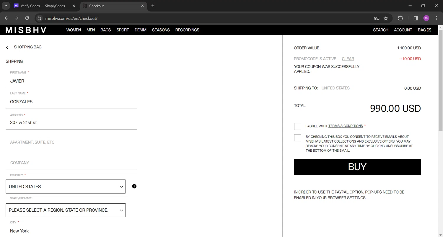MISBHV checkout page showing MISBHV promo code box | Screenshot taken by SimplyCodes community member on Mar 10, 2024