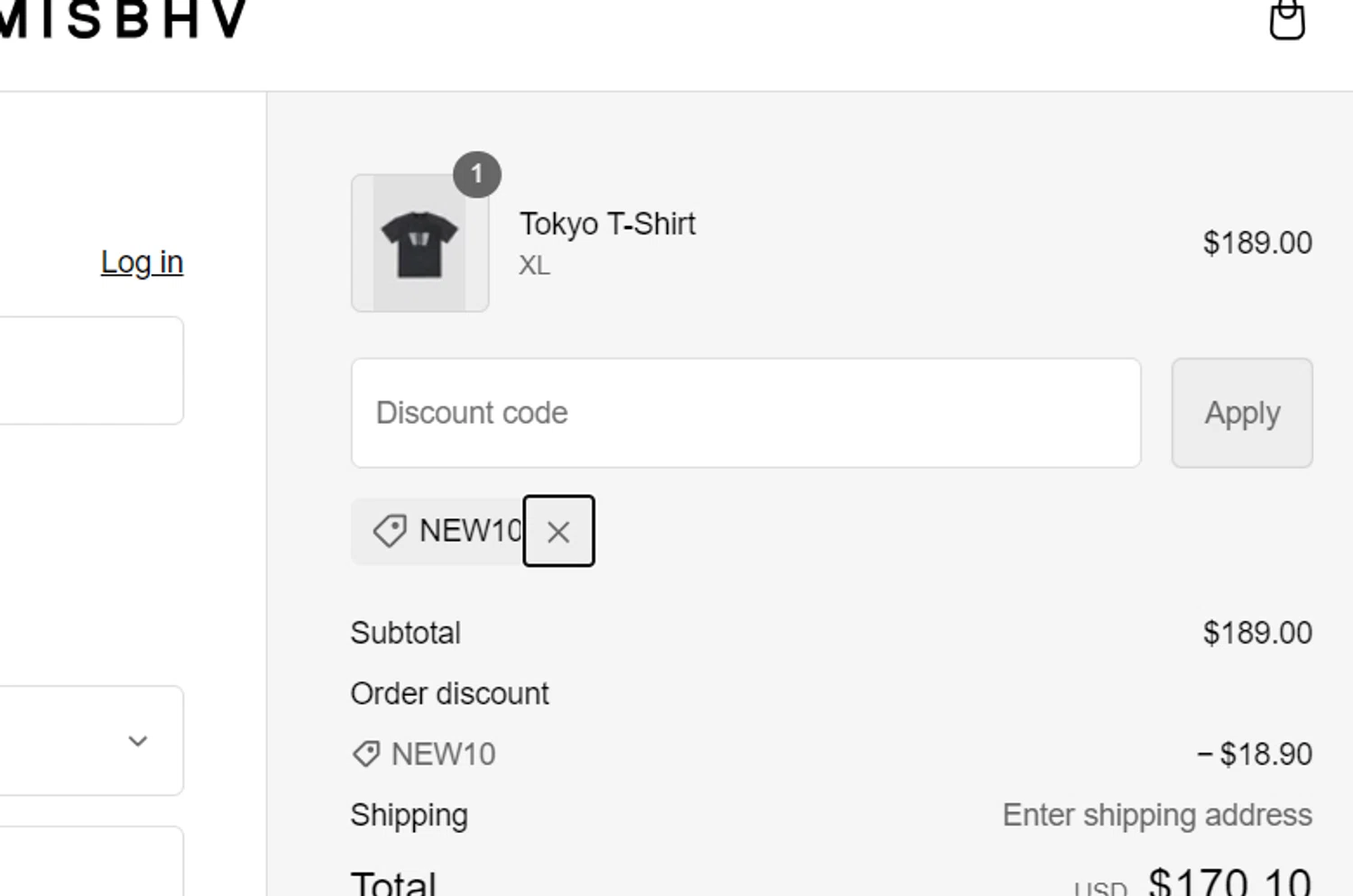 MISBHV checkout page showing MISBHV promo code box | Screenshot taken by SimplyCodes community member on Aug 27, 2024