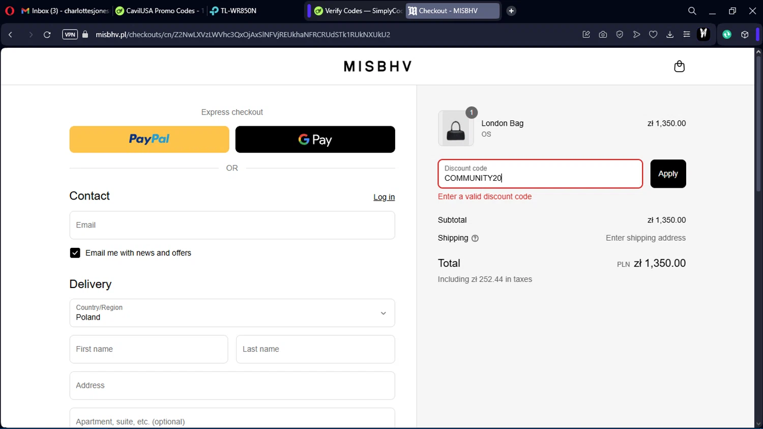 MISBHV promo code screenshot showing code COMMUNITY20 applied at MISBHV checkout page. Uploaded by SimplyCodes community member Charlote on Apr 22, 2025