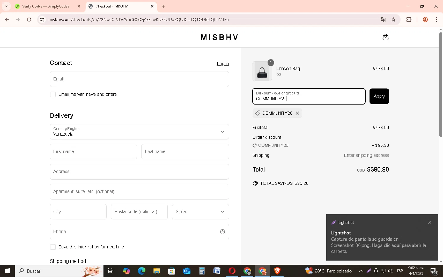 MISBHV checkout page showing MISBHV promo code box | Screenshot taken by SimplyCodes community member on Apr 4, 2025