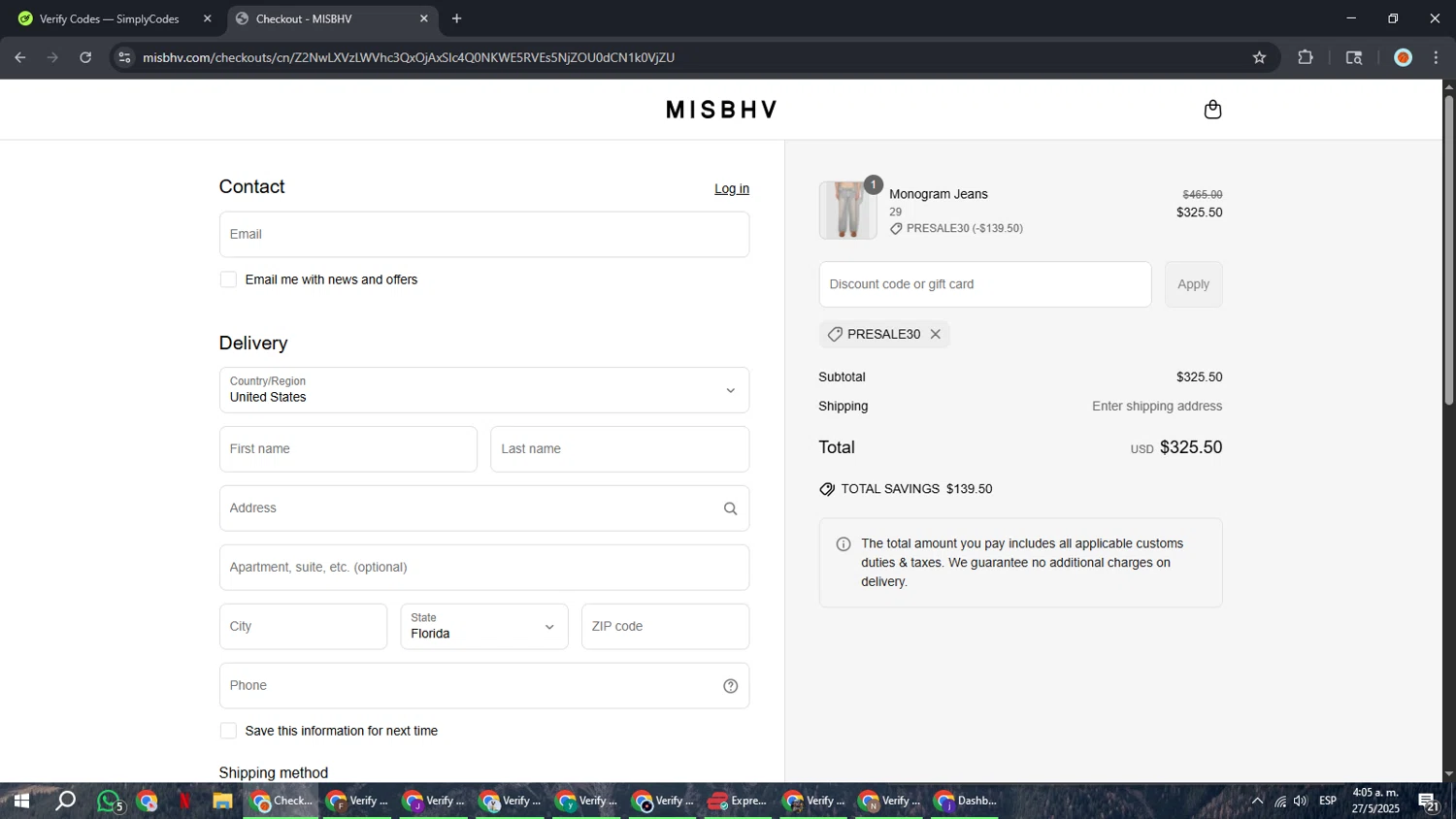 MISBHV promo code screenshot showing code presale30 applied at MISBHV checkout page. Uploaded by SimplyCodes community member BonusCaptain9927 on May 27, 2025