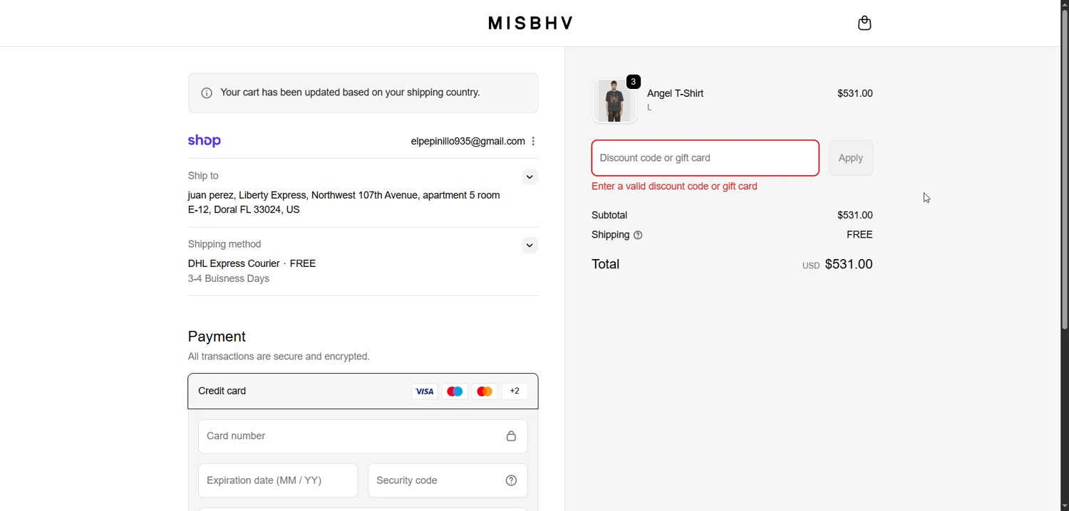 MISBHV promo code screenshot showing code CYBER10 applied at MISBHV checkout page. Uploaded by SimplyCodes community member Enmanuel99 on Dec 4, 2025