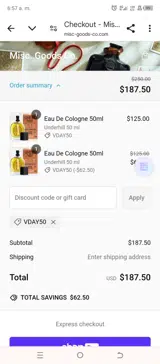 VDAY50 coupon verification screenshot