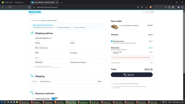 Miscota checkout page showing Miscota promo code box | Screenshot taken by SimplyCodes community member on Jul 25, 2025