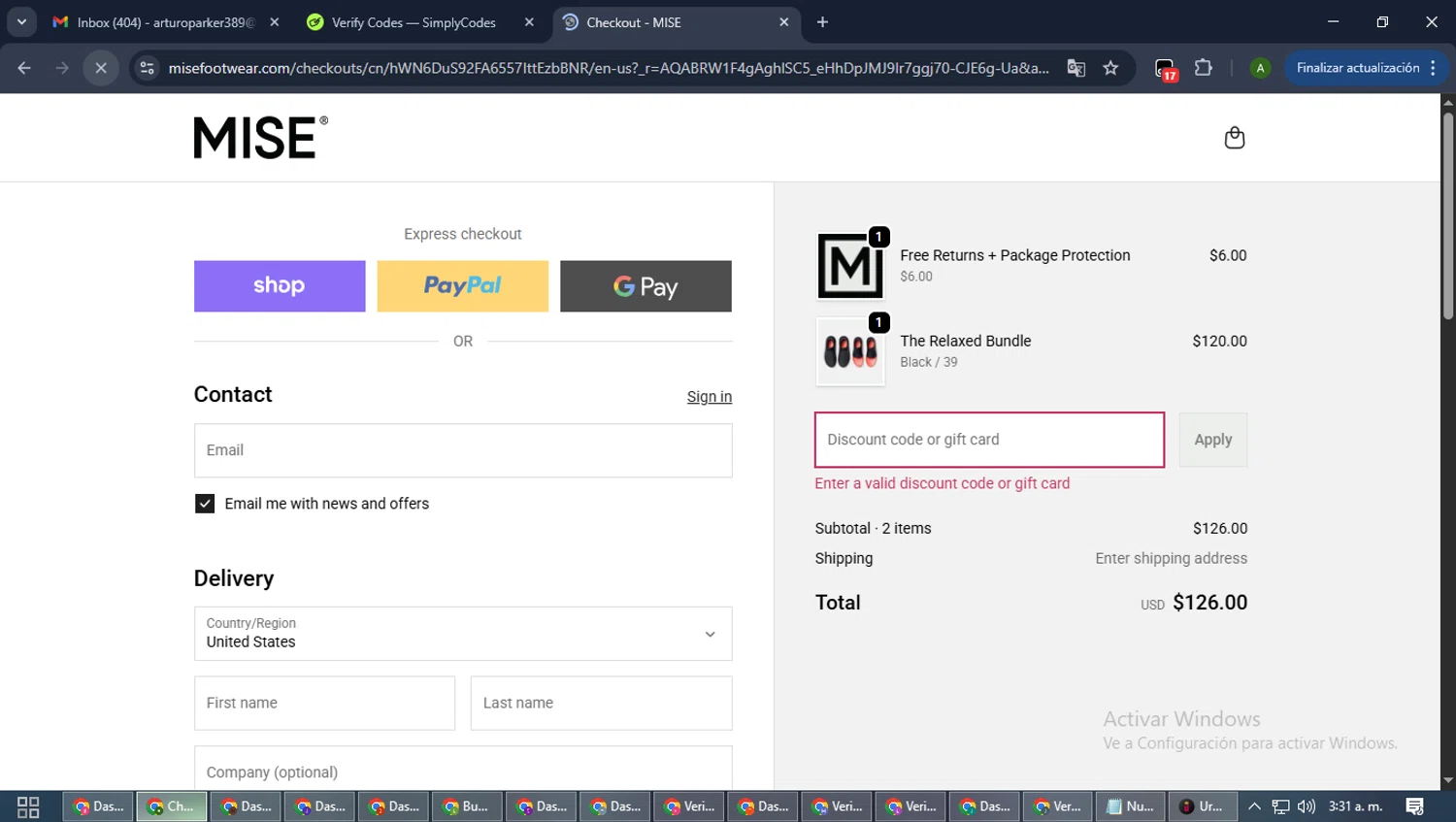 MISE Footwear discount code screenshot showing code ARCHIVE applied at MISE Footwear checkout page. Uploaded by SimplyCodes community member CashLynx5338 on Dec 9, 2025