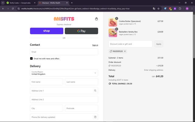 Misfits Health checkout page showing Misfits Health promo code box | Screenshot taken by SimplyCodes community member on Sep 9, 2025