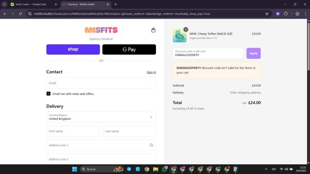 Misfits Health checkout page showing Misfits Health promo code box | Screenshot taken by SimplyCodes community member on Sep 9, 2025