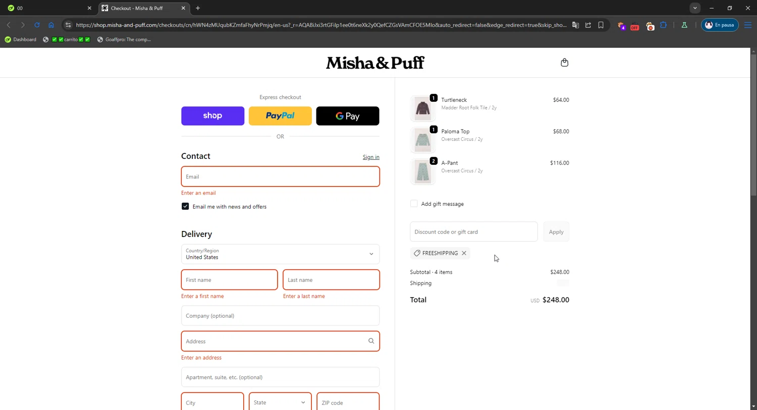 Misha & Puff promo code screenshot showing code FREESHIPPING applied at Misha & Puff checkout page. Uploaded by SimplyCodes community member gribethr on Nov 6, 2025