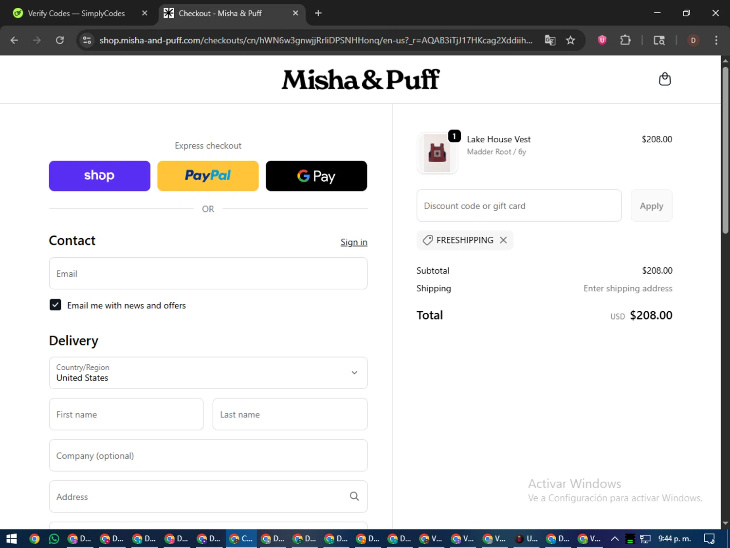 Misha & Puff promo code screenshot showing code FREESHIPPING applied at Misha & Puff checkout page. Uploaded by SimplyCodes community member liltecca on Dec 28, 2025