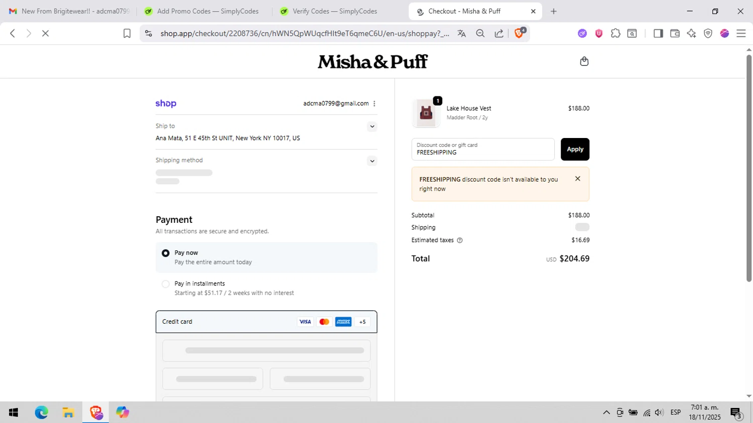Misha & Puff promo code screenshot showing code FREESHIPPING applied at Misha & Puff checkout page. Uploaded by SimplyCodes community member peachee on Nov 18, 2025