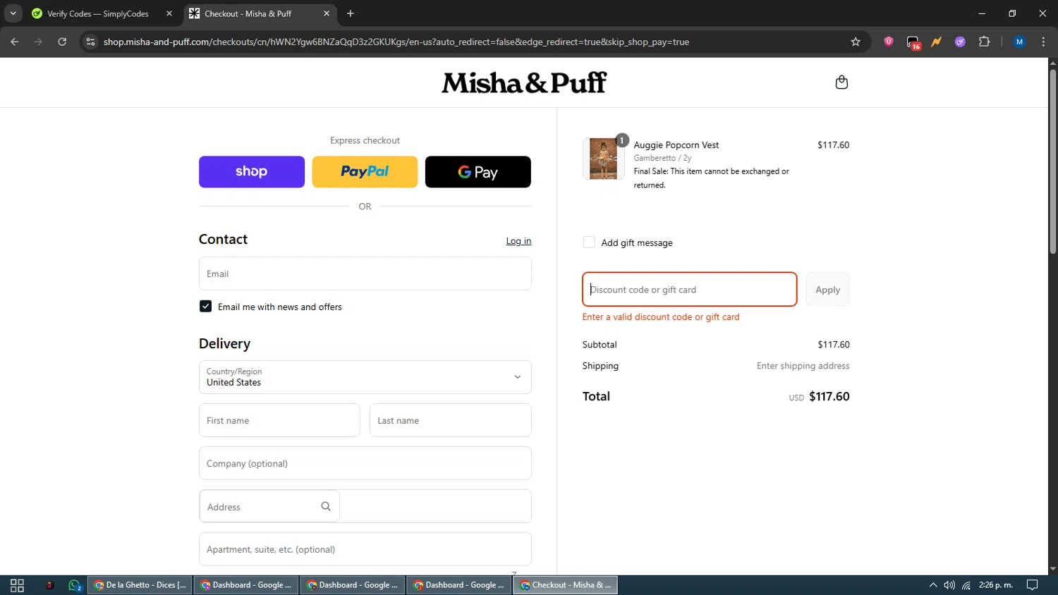 Misha & Puff promo code screenshot showing code EXTRA10 applied at Misha & Puff checkout page. Uploaded by SimplyCodes community member EpicVoyager2820 on Sep 3, 2025