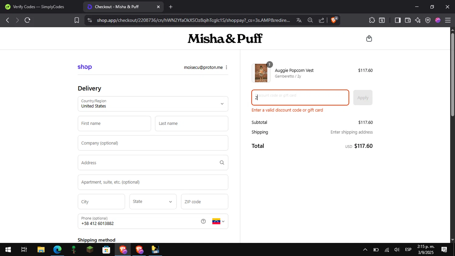 Misha & Puff promo code screenshot showing code EXTRA10 applied at Misha & Puff checkout page. Uploaded by SimplyCodes community member Pitochu on Sep 3, 2025