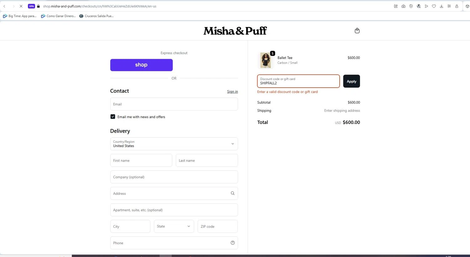 Misha & Puff promo code screenshot showing code SHIPFALL2 applied at Misha & Puff checkout page. Uploaded by SimplyCodes community member SmartVirtuoso291 on Sep 20, 2025