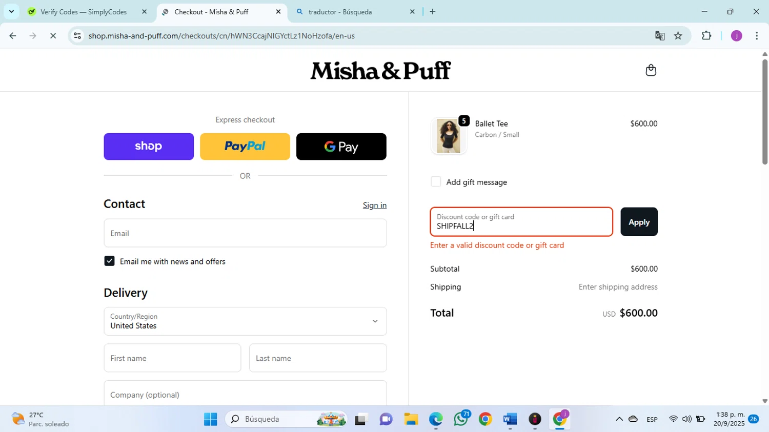 Misha & Puff promo code screenshot showing code SHIPFALL2 applied at Misha & Puff checkout page. Uploaded by SimplyCodes community member christophersierra on Sep 20, 2025