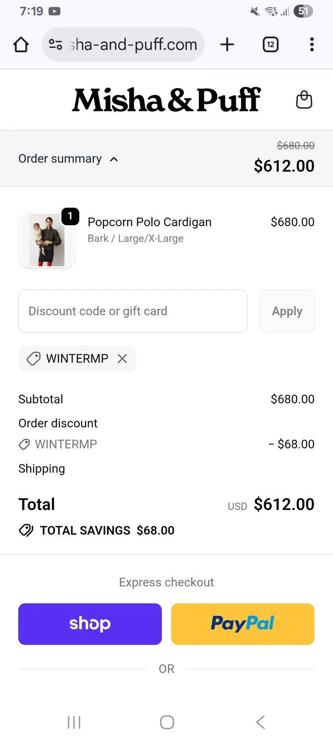 Misha & Puff promo code screenshot showing code WinterMP applied at Misha & Puff checkout page. Uploaded by SimplyCodes community member KarinaHZ on Dec 12, 2025