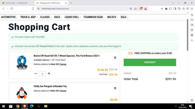 Mishimoto checkout page showing Mishimoto discount code box | Screenshot taken by SimplyCodes community member on May 16, 2025