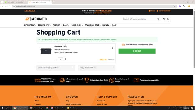 Mishimoto checkout page showing Mishimoto discount code box | Screenshot taken by SimplyCodes community member on May 22, 2025