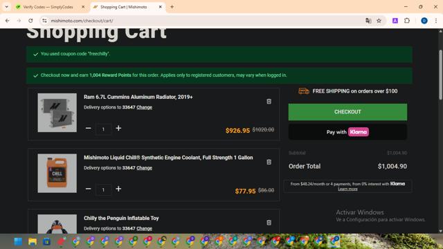 Mishimoto checkout page showing Mishimoto discount code box | Screenshot taken by SimplyCodes community member on May 9, 2025