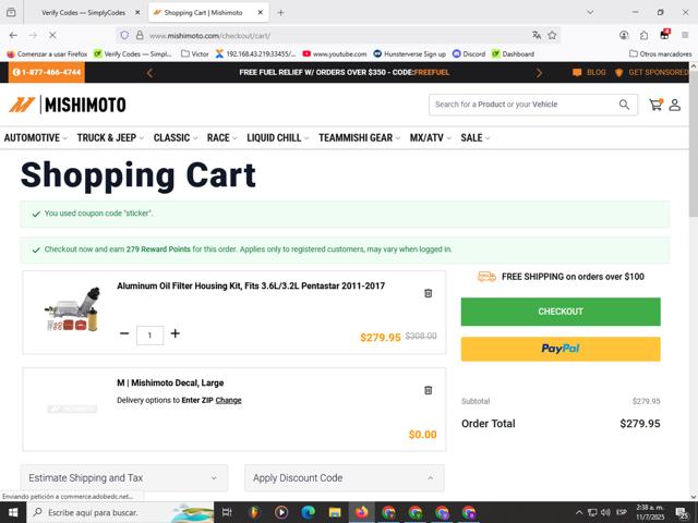 Mishimoto checkout page showing Mishimoto discount code box | Screenshot taken by SimplyCodes community member on Jul 11, 2025