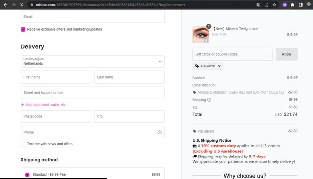 Mislens checkout page showing Mislens coupon code box | Screenshot taken by SimplyCodes community member on Jul 29, 2025