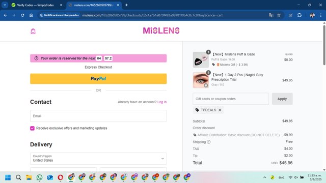 Mislens checkout page showing Mislens coupon code box | Screenshot taken by SimplyCodes community member on Aug 5, 2025