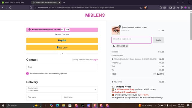 Mislens checkout page showing Mislens coupon code box | Screenshot taken by SimplyCodes community member on Aug 19, 2025