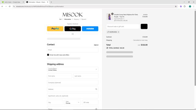 Misook checkout page showing Misook coupon code box | Screenshot taken by SimplyCodes community member on Sep 9, 2025