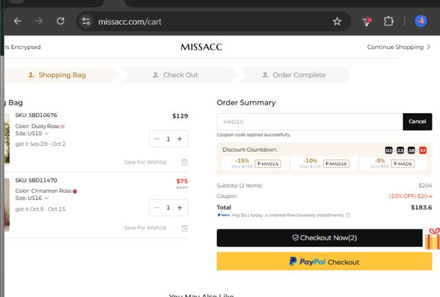 Missacc checkout page showing Missacc coupon code box | Screenshot taken by SimplyCodes community member on Sep 21, 2025