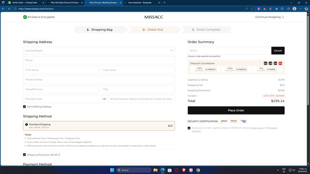 Missacc checkout page showing Missacc coupon code box | Screenshot taken by SimplyCodes community member on Sep 19, 2025