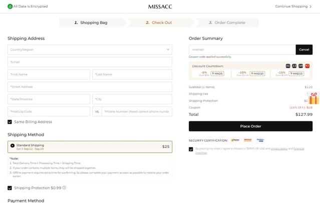 Missacc checkout page showing Missacc coupon code box | Screenshot taken by SimplyCodes community member on Aug 26, 2025