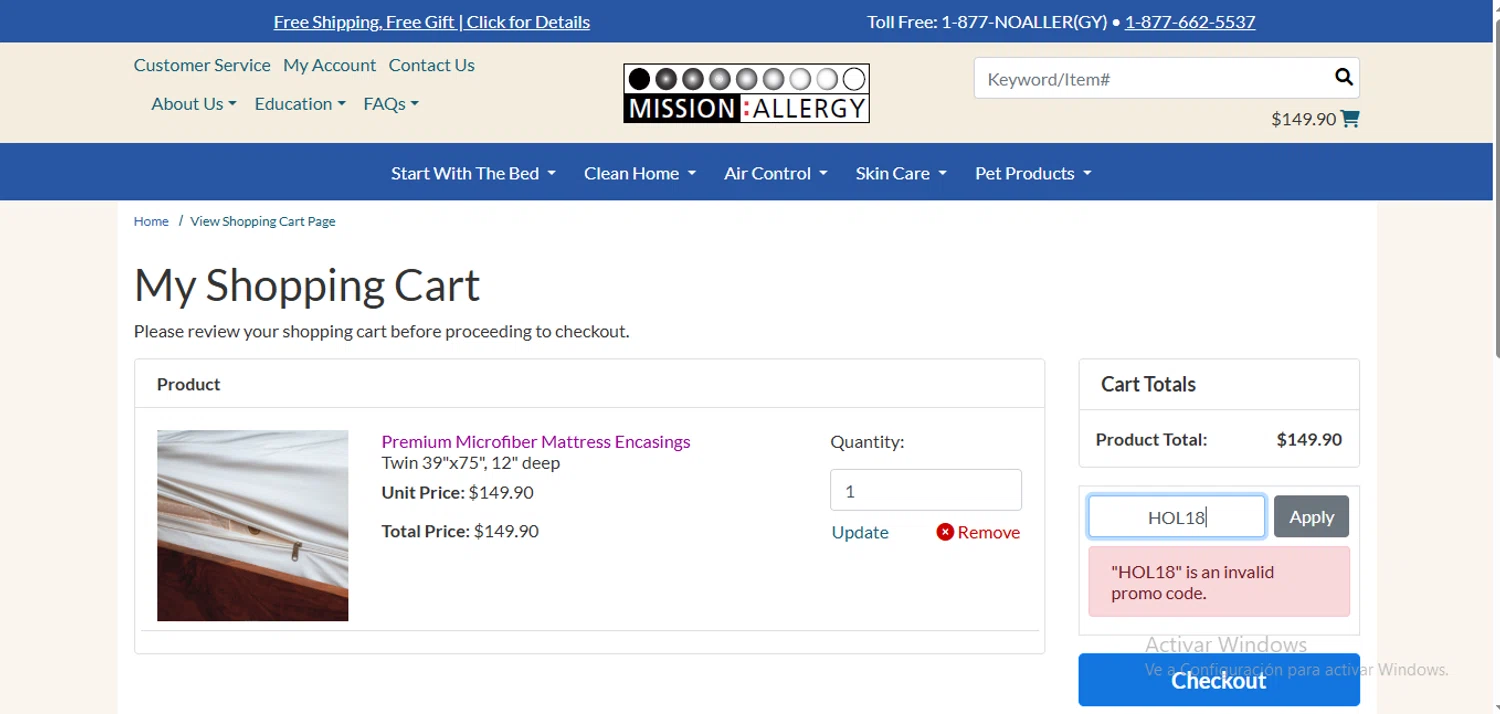 Mission Allergy promo code screenshot showing code HOL18 applied at Mission Allergy checkout page. Uploaded by SimplyCodes community member FortunateSeeker4672 on Mar 17, 2025