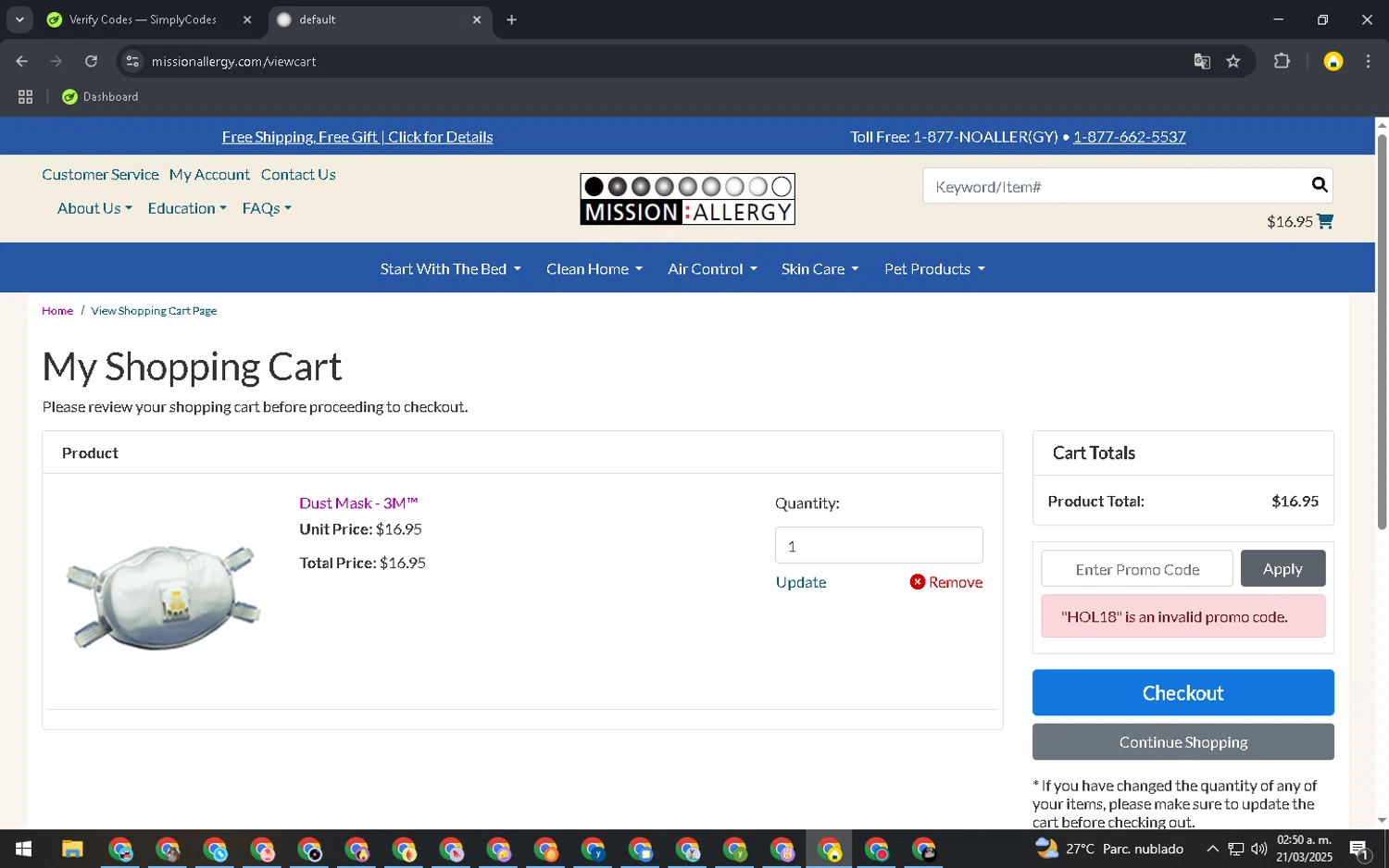 Mission Allergy promo code screenshot showing code HOL18 applied at Mission Allergy checkout page. Uploaded by SimplyCodes community member SavingsElite8466 on Mar 21, 2025