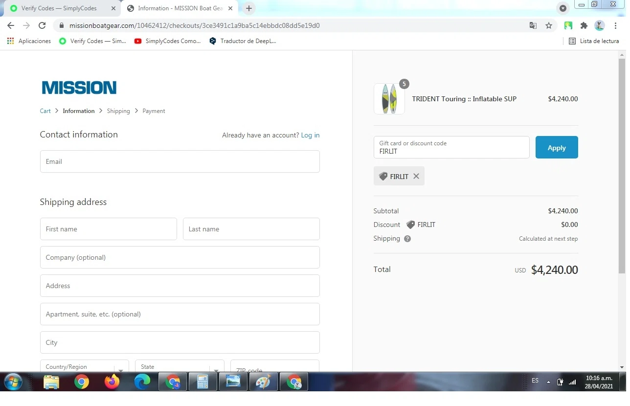 MISSION Boat Gear checkout page showing MISSION Boat Gear discount code box | Screenshot taken by SimplyCodes community member on Apr 28, 2021