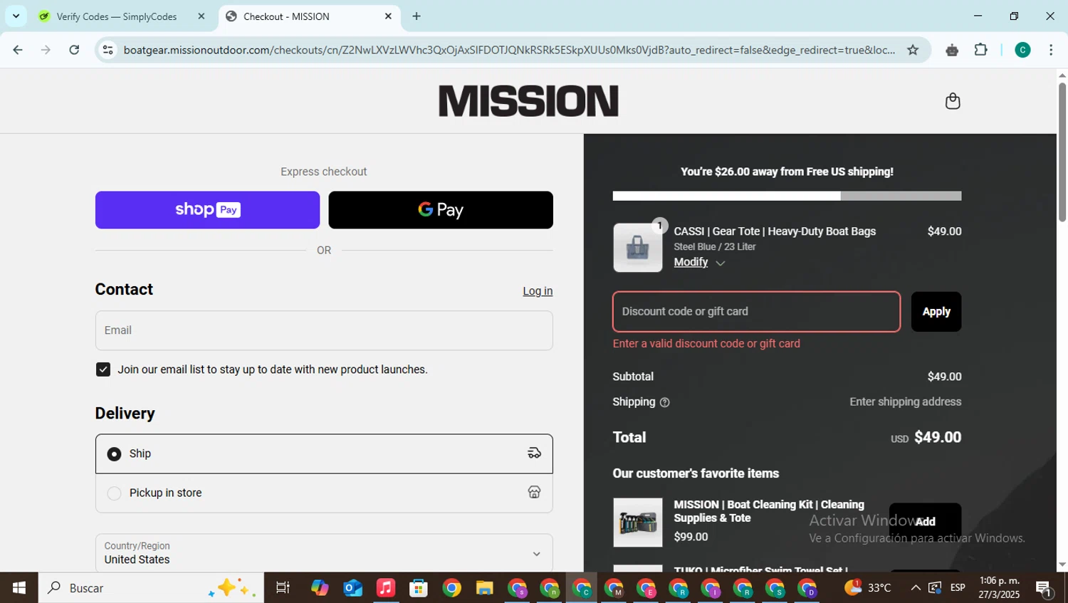 MISSION Boat Gear discount code screenshot showing code BOATSHOW applied at MISSION Boat Gear checkout page. Uploaded by SimplyCodes community member BonusPilot927 on Mar 27, 2025