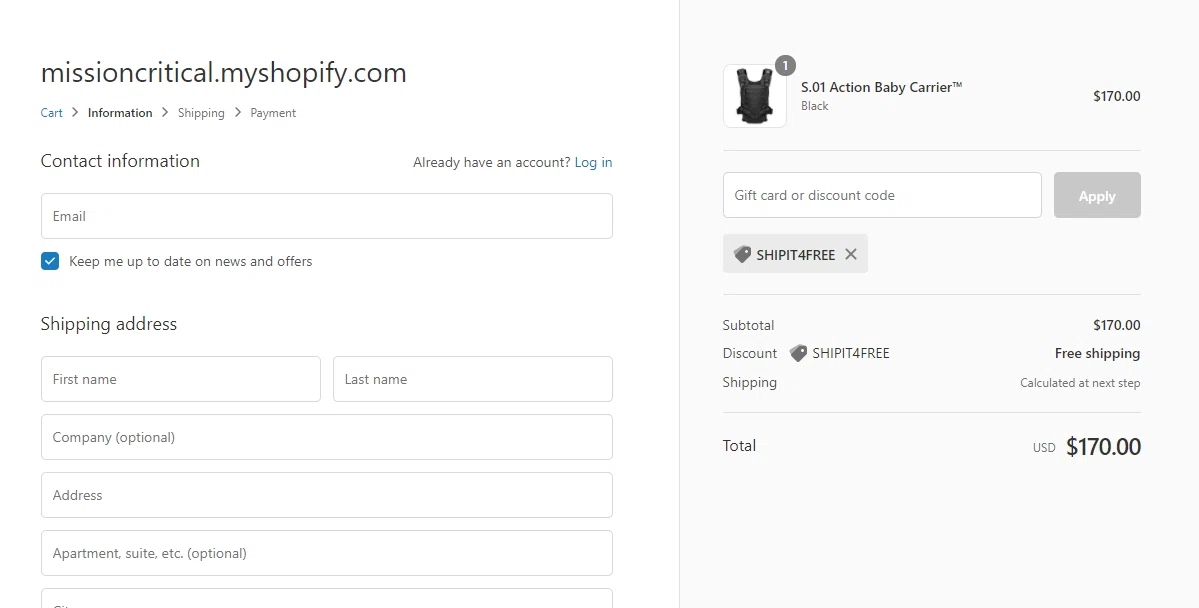 Mission Critical checkout page showing Mission Critical coupon code box | Screenshot taken by SimplyCodes community member on Jul 14, 2021