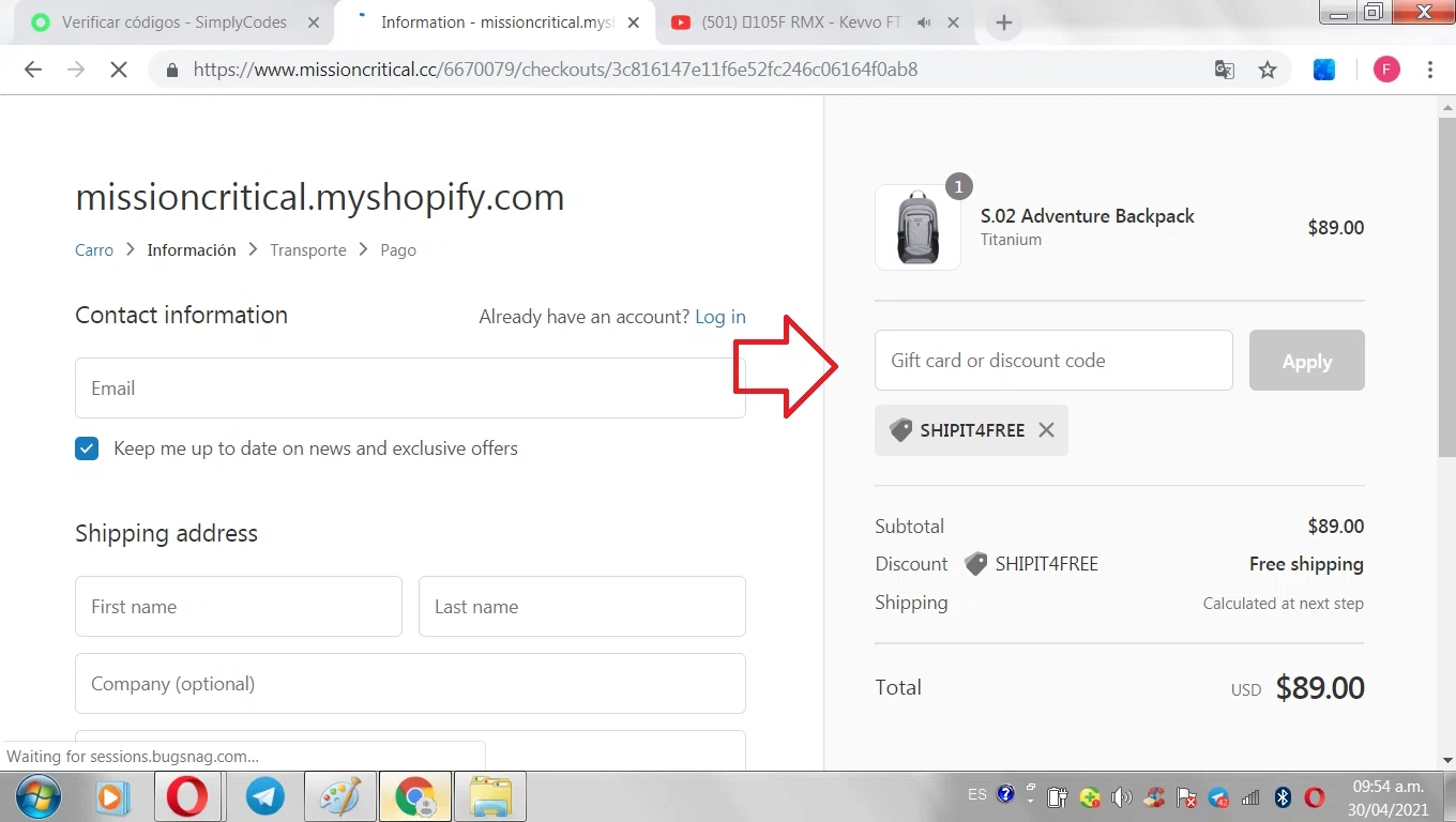 Mission Critical checkout page showing Mission Critical coupon code box | Screenshot taken by SimplyCodes community member on Apr 29, 2021