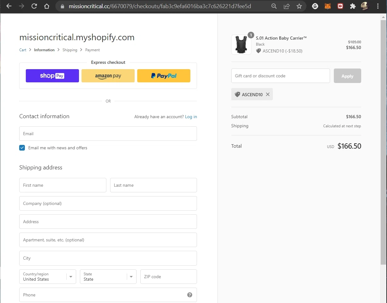 Mission Critical checkout page showing Mission Critical coupon code box | Screenshot taken by SimplyCodes community member on Feb 27, 2022
