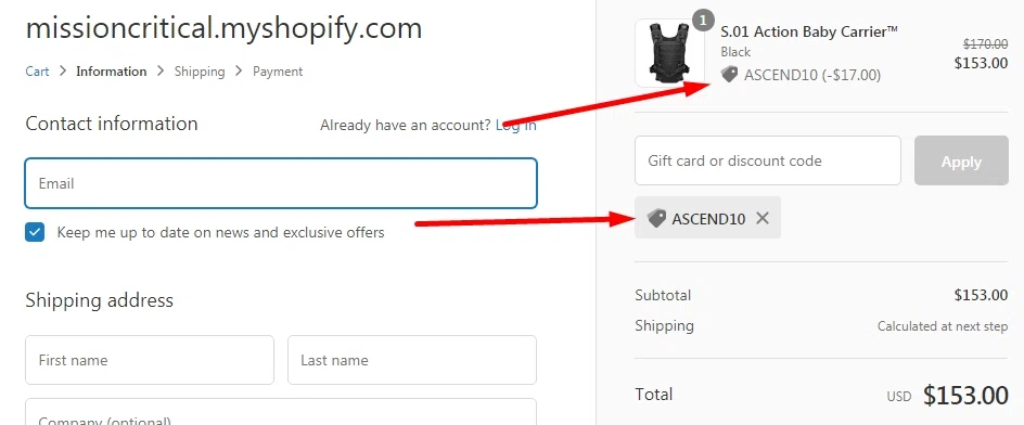 Mission Critical checkout page showing Mission Critical coupon code box | Screenshot taken by SimplyCodes community member on May 11, 2021