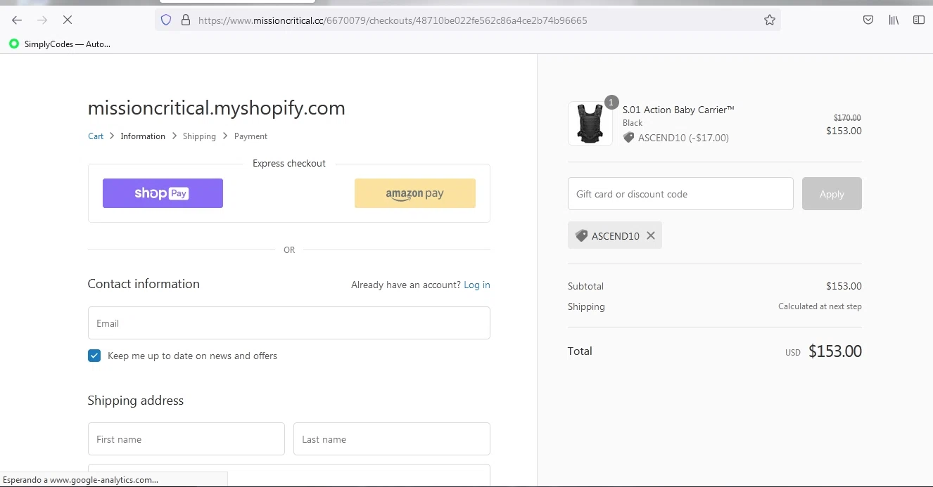 Mission Critical checkout page showing Mission Critical coupon code box | Screenshot taken by SimplyCodes community member on Jul 2, 2021