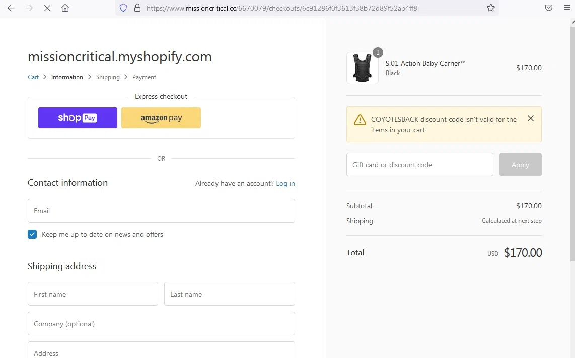 Mission Critical checkout page showing Mission Critical coupon code box | Screenshot taken by SimplyCodes community member on Aug 2, 2021