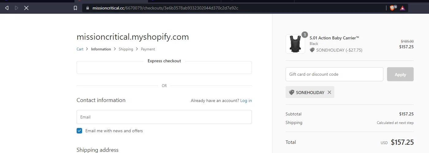 Mission Critical checkout page showing Mission Critical coupon code box | Screenshot taken by SimplyCodes community member on Nov 21, 2021