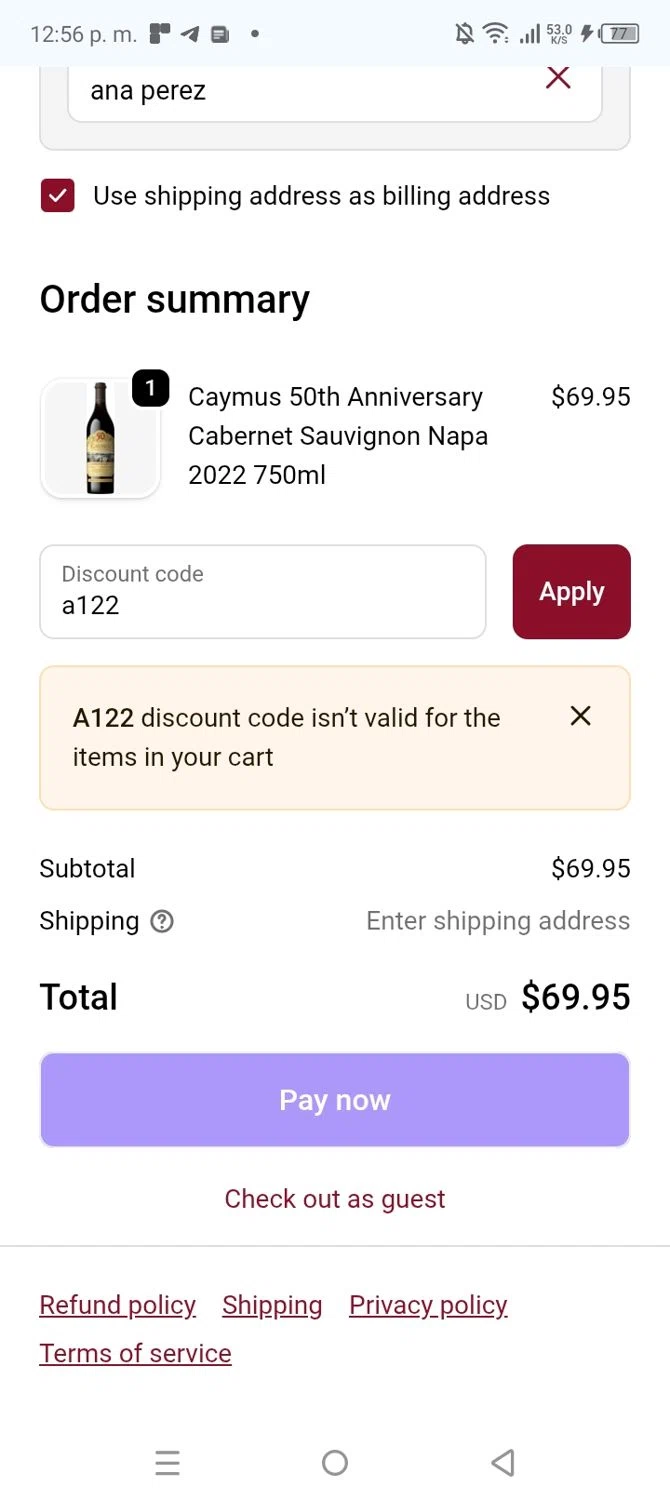 Mission Liquor discount code screenshot showing code a122 applied at Mission Liquor checkout page. Uploaded by SimplyCodes community member CrownChaser1876 on Dec 8, 2025