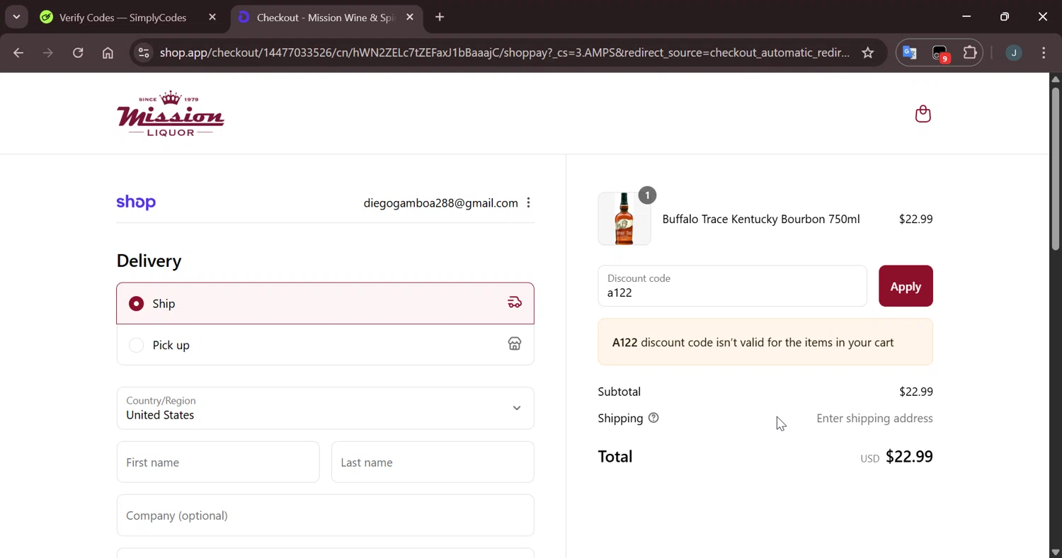 Mission Liquor discount code screenshot showing code a122 applied at Mission Liquor checkout page. Uploaded by SimplyCodes community member Eltoro20 on Sep 3, 2025