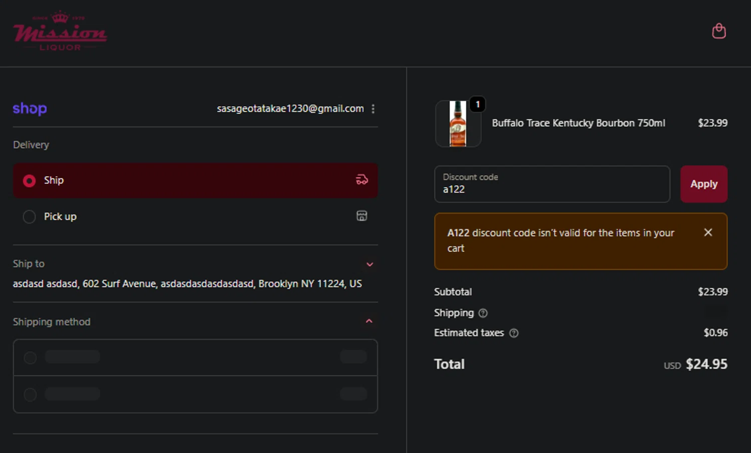 Mission Liquor discount code screenshot showing code a122 applied at Mission Liquor checkout page. Uploaded by SimplyCodes community member FIREINTHEHOLE on Oct 27, 2025