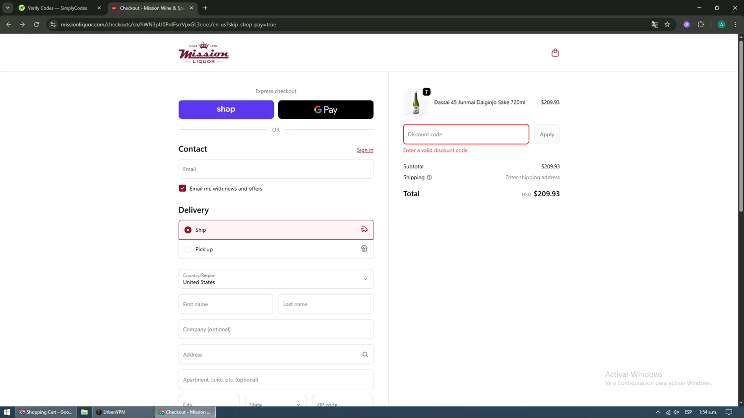 Mission Liquor discount code screenshot showing code SAKE10 applied at Mission Liquor checkout page. Uploaded by SimplyCodes community member brianoconner on Oct 7, 2025