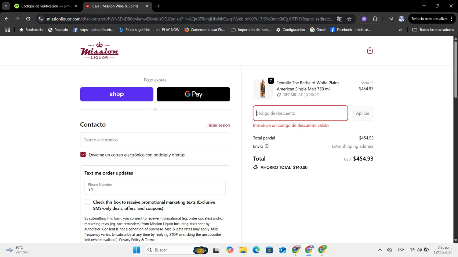 Mission Liquor discount code screenshot showing code TENMILE applied at Mission Liquor checkout page. Uploaded by SimplyCodes community member angelrodriguez on Nov 12, 2025