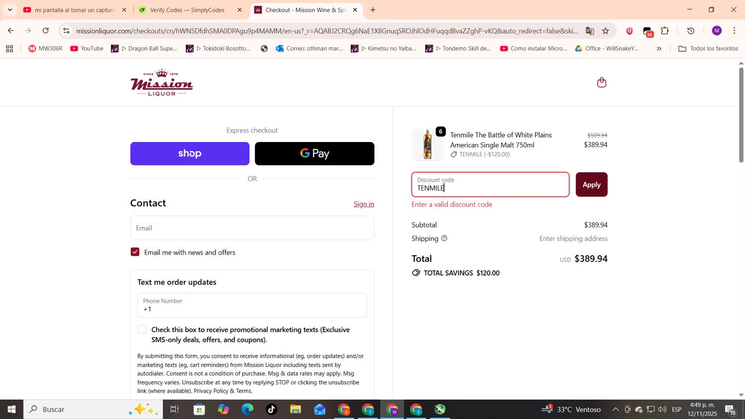 Mission Liquor discount code screenshot showing code TENMILE applied at Mission Liquor checkout page. Uploaded by SimplyCodes community member cod_gakpo on Nov 12, 2025