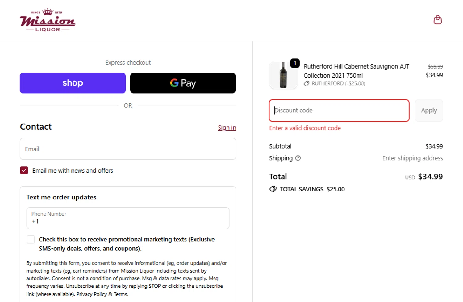 Mission Liquor discount code screenshot showing code RUTHERFORD applied at Mission Liquor checkout page. Uploaded by SimplyCodes community member JannyiseaN on Dec 11, 2025