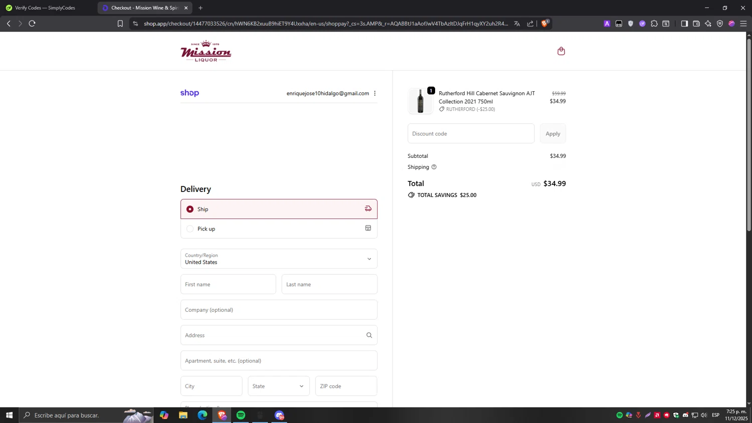 Mission Liquor discount code screenshot showing code RUTHERFORD applied at Mission Liquor checkout page. Uploaded by SimplyCodes community member Tragedy on Dec 11, 2025