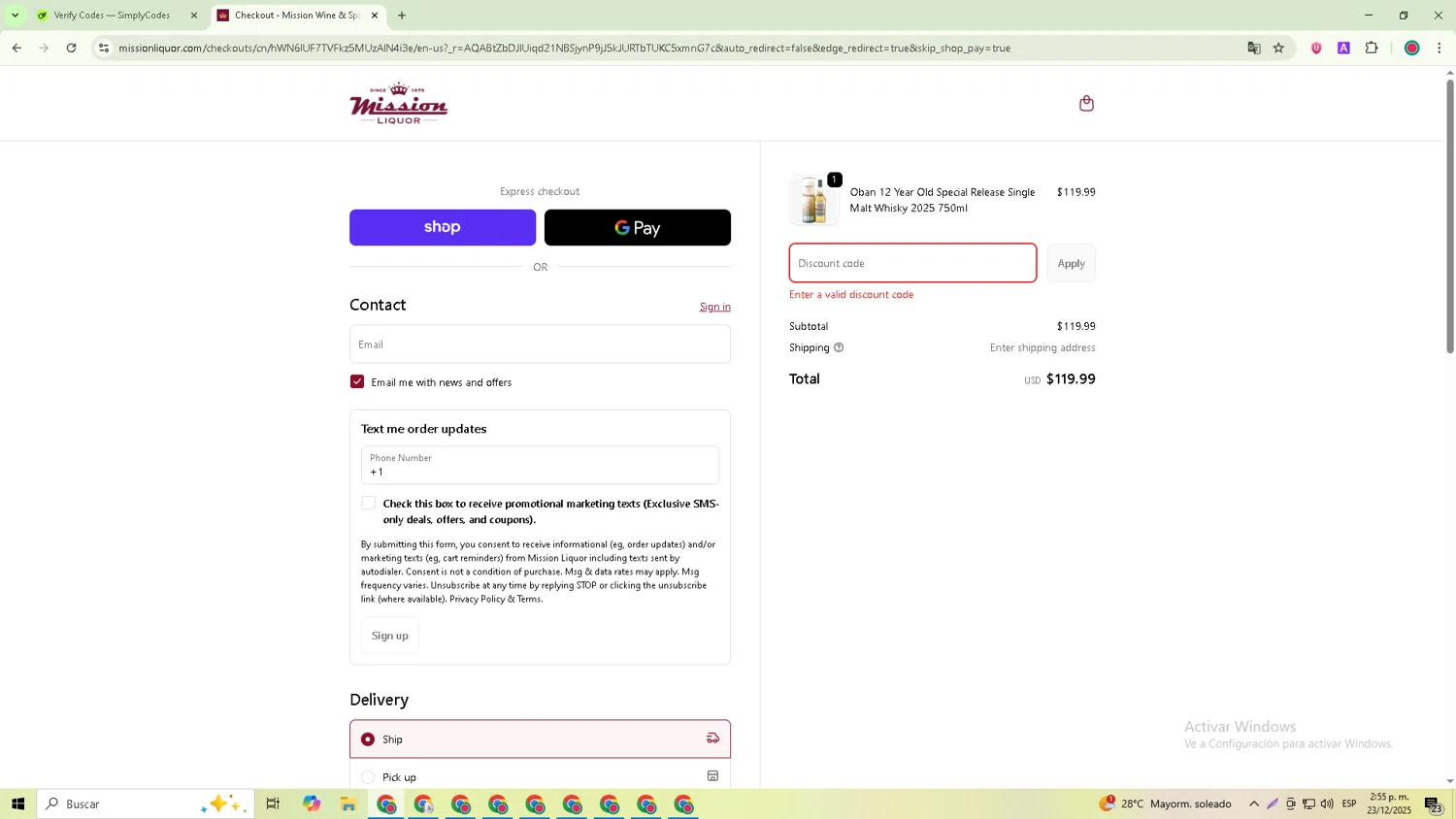 Mission Liquor discount code screenshot showing code ENCOSTA applied at Mission Liquor checkout page. Uploaded by SimplyCodes community member GoldRanger7074 on Dec 23, 2025